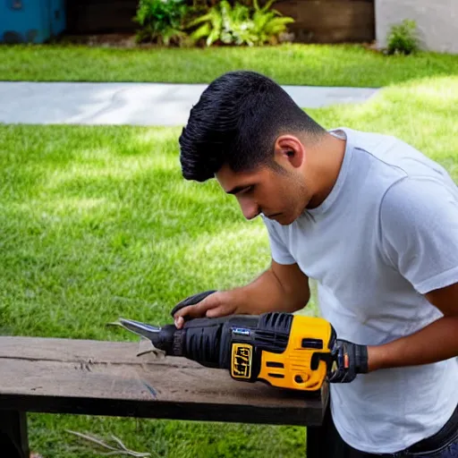 Image similar to young latino man using cordless power tool made by dewalt