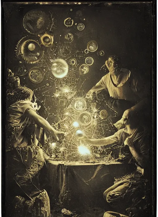 Image similar to old wetplate daguerreotype portrait of creation of time, explosion of data fragments, fractal, intricate, elegant, highly detailed, parallax, leica, medium format, subsurface scattering, by jheronimus bosch and greg rutkowski and louis jacques mande daguerre