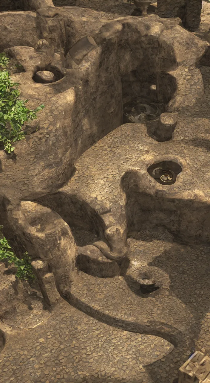 Prompt: a stream of water entering a machine made from organ shaped amphoras and producing a coin in the style of an engineering diagram, unreal engine, 8k