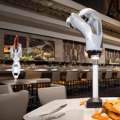 Prompt: kuka industrial robot arms around the dinner table of a fine dining restaurant with global illumination