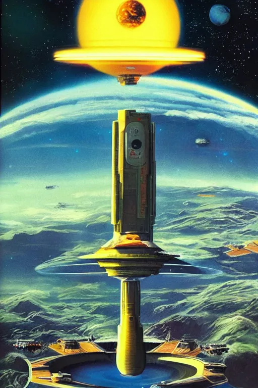 Image similar to 7 0 s travel poster for an extraterrestrial system destination, chris foss