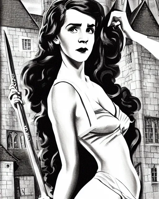 Image similar to pinup photo of hermione granger by emma watson in the crowded square of hogwarts, by enoch bolles, glossy skin, pearlescent, very coherent, very detailed