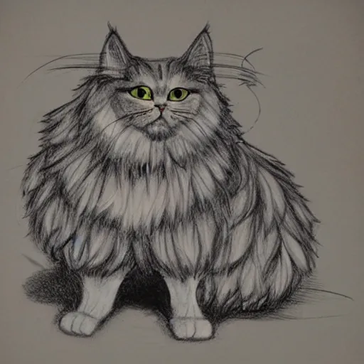 Image similar to anthropomorphic humanoid cat, extra fluffy Persian tabby cat standing on two feet, drawing by Don Bluth, colored pencil sketch with feathery lines, drawing by Yoshitaka Amano