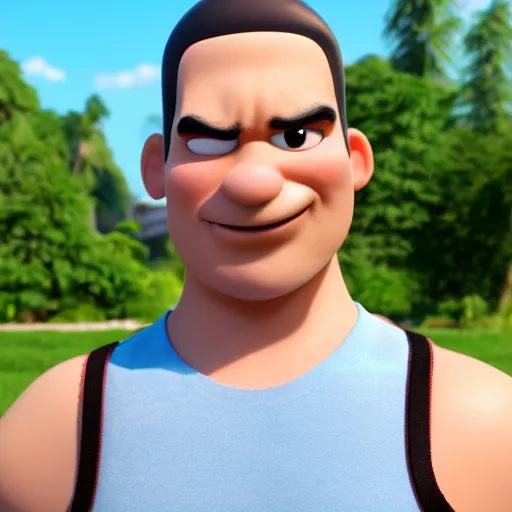 Image similar to handsome thin athletic white man with short buzzed widows peak hair, facial stubble, and eyes are blue, wearing tank top, posing outside, depicted as a Pixar character, high quality cg render, 4k