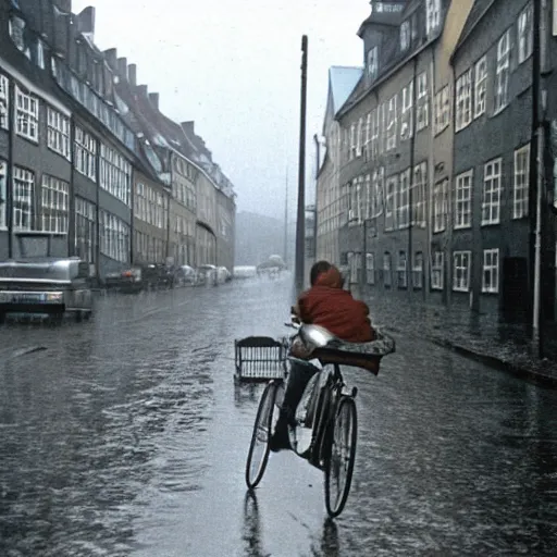 Prompt: Copenhagen on a rainy day in 1970