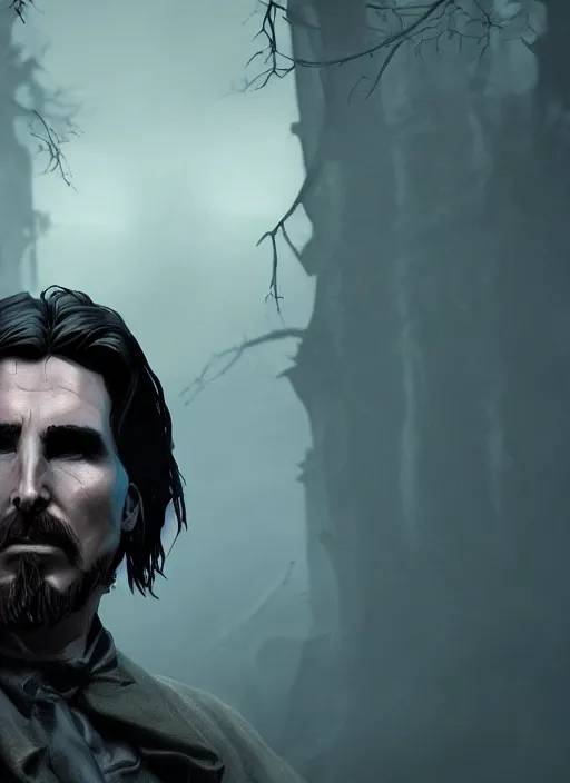 Image similar to A fantasy comic book style portrait painting of Christian Bale as a necromancer in a creepy misty graveyard setting, unreal 5, DAZ, hyperrealistic, octane render, RPG portrait, dynamic lighting