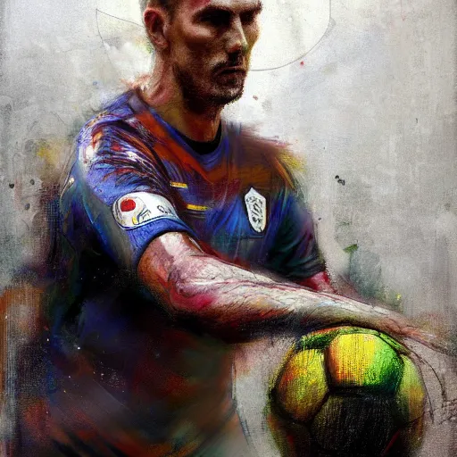 Image similar to A realistic hyperdetailed multi-colored digital oil full body portrait painting of a goal keeper on his knees holding a soccer ball up to the sky in the style of Guy Denning, Ruan Jia, and Craig Mullins. Trending on ArtStation and DeviantArt. CGSociety Digital art.