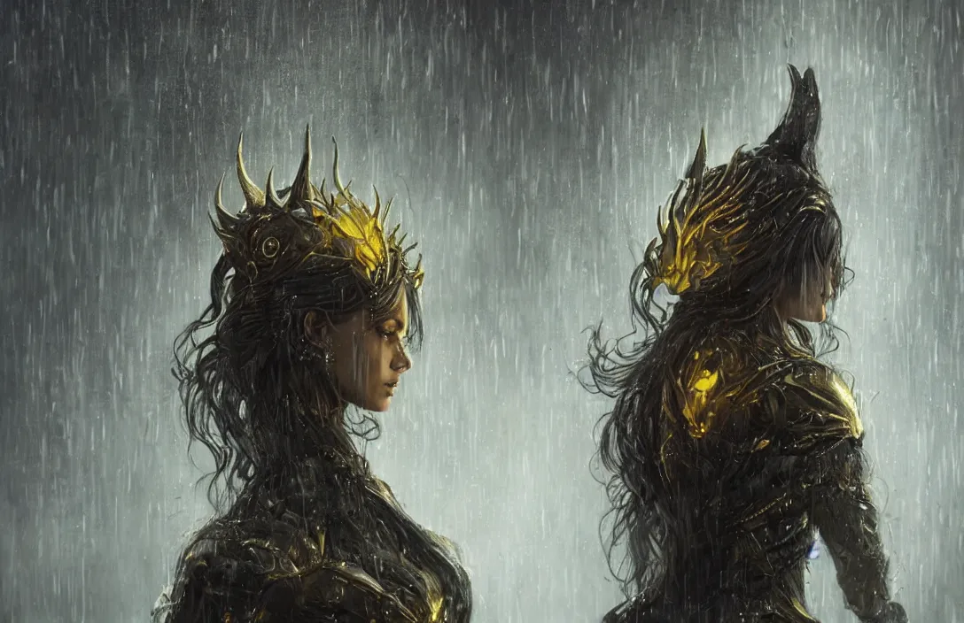 Image similar to a realistic detail portrait of a beautiful queen in middle earth, raining, mist, magic, dragon, goth by Julian calle, wlop, greg rutkowski, Finnian MacManus, Trending on artstation, black and yellow scheme, 8k, RE Engine
