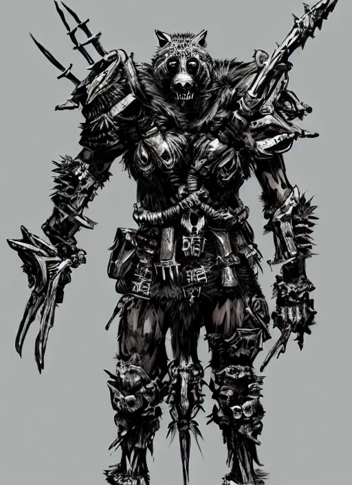 Prompt: Full body portrait of a gnoll warrior with a armour made of bones. In style of Yoji Shinkawa and Hyung-tae Kim, trending on ArtStation, dark fantasy, great composition, concept art, highly detailed, dynamic pose.