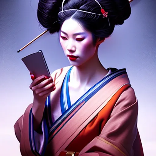 Prompt: pretty geisha, d & d digital painting, ultra realistic, beautiful, volumetric lighting, warm colors advance, cell shading, by james jean, greg rutkowski, wlop