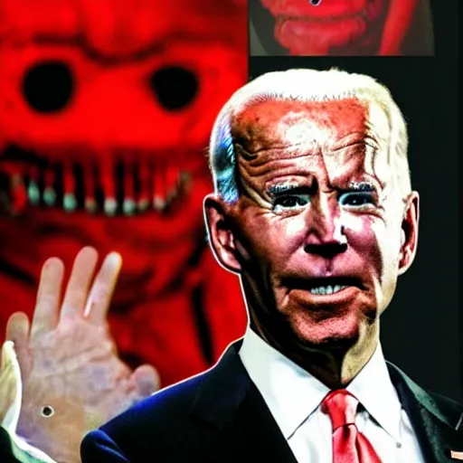 Image similar to hyper realistic terrifying photo Doom furious glowing red eyes biden