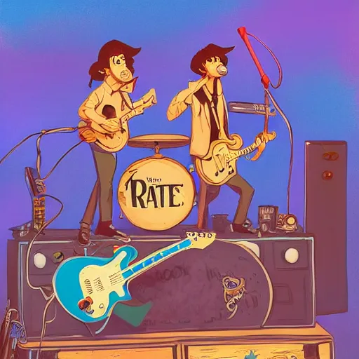 Prompt: rats playing in a rock band inspired by the beatles, inside a wooden house, style by disney, studio ghibli, pixar, intricate, highly detailed, digital painting, artstation, concept art, 7 0 s pallete, high quality, trending on artstation