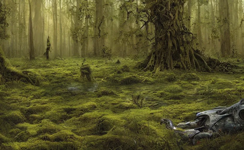 Image similar to digital painting of ovni crash site on swamp wasteland, extraterrestrial body parts on the floor, forest, moss, elegant artwork by lee bermejo and greg rutkowski and alphonse mucha