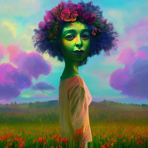 Image similar to girl with a gargantuan flower as a face, surreal photography, dream, standing in flower field, hills, big trees, sunrise dramatic light, impressionist painting, colorful clouds, digital painting, pointillism, artstation, simon stalenhag, flower face