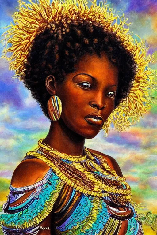 Image similar to painting of african mother nature floating through the sky, inspired by gustav moreau and wayne barlow, exquisite detail, hyper realism, ornate, exquisite detail, cute face