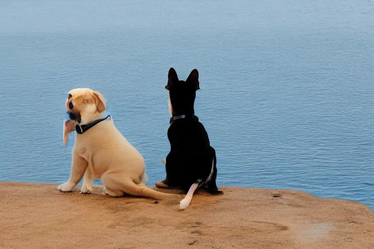 Image similar to a puppy is looking directly at the water below them while they stand at an edge