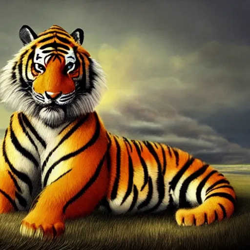 Prompt: tiger horse hybrid floating in the calm sky, trending in artstation, digital art, wow, stunning, high quality, 1 6 k, intrincate, very detailed, velvet fur