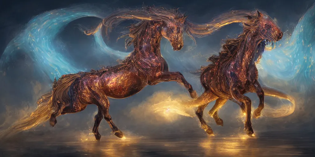 Prompt: concept art of translucent glowing horse dancing, big booty, flowy, melting, round moon, swirly clouds, very detailed, volumetric light, mist, fine art, textured oil over canvas, dragons, epic fantasy art, very colorful, ornate intricate scales, gold skulls, fractal gems, 8 k, hyper realistic, high contrast