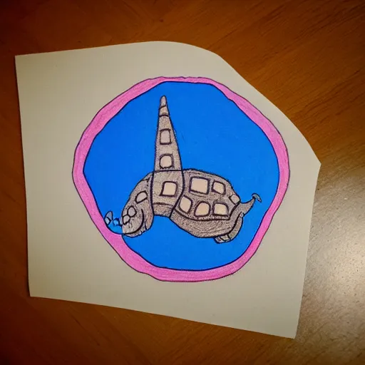 Prompt: Toddler drawing of Helsinki on the back of a turtle.