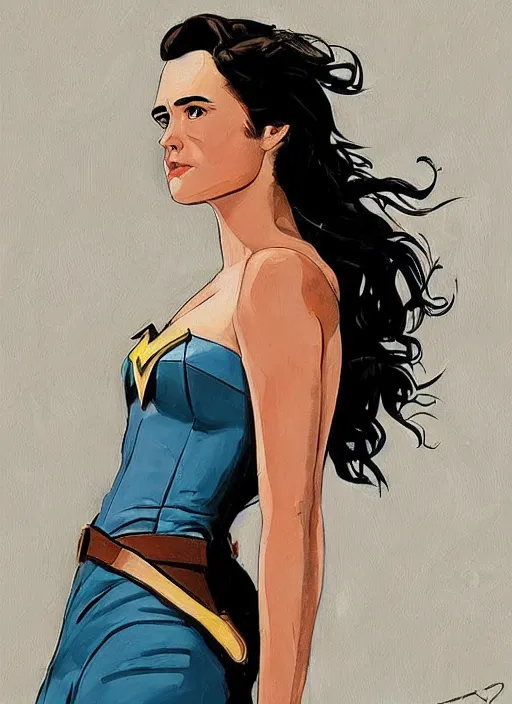 Image similar to detailed artwork by phil noto ; stylized painting of young jennifer connelly ; gal gadot ; eva green ; young jennifer connelly from the rocketeer ; brush texture ; asymmetric composition ; paint texture ; trending on artstation ; gallery painting by phil noto, comic style