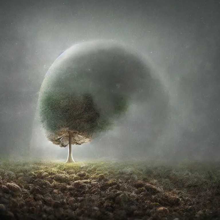 Image similar to a planet of various fungus, mushrooms and plants, inside the picture is infinity, Atmospheric phenomenon, artistic photography, muted colors, conceptual, long exposure outside the city, volumetric light