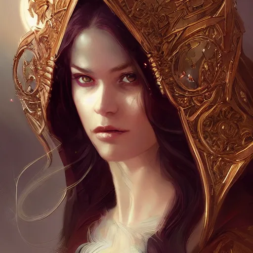 Image similar to portrait of a beautiful sorceress in an ornate hood, by charlie bowater, loish, peter mohrbacher, artgerm, greg rutkowski, krenz cushart, wlop