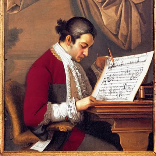 Image similar to a renaissance painting of mozart writting a piece of music on a sheet. He is staring at the sheet with one hand on his head.