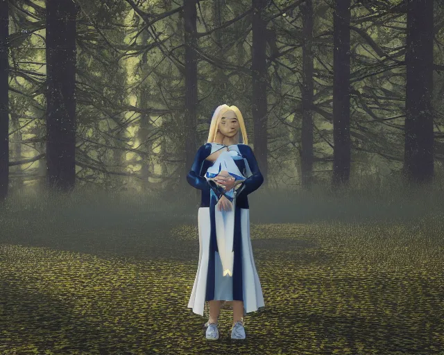 Image similar to a female angel : : one white wing, the other a dark midnight blue with tiny stars inside it : : with blonde hair just past her shoulders, standing in a forest with her back to camera : : octane render : : 8 k