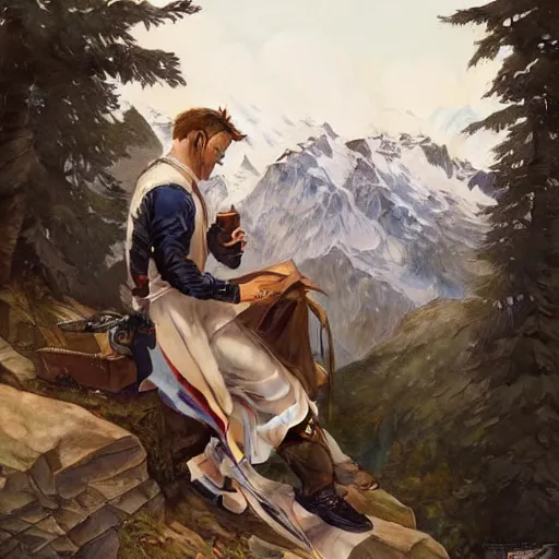 Image similar to male dj mix his music in front of the crowd on the Alps mountains, highly detailed, digital painting, artstation, concept art, sharp focus, illustration, art by artgerm and greg rutkowski and alphonse mucha and Norman Rockwell,