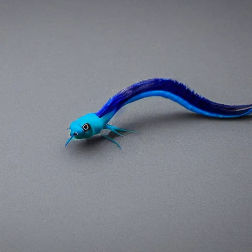 Image similar to studio photograph of a matte dark gray worm with a neon blue head and tail