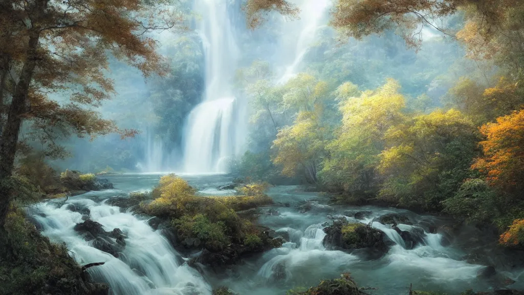 Image similar to the most beautiful panoramic landscape, oil painting, where a giant dreamy waterfall creates a river, the trees around are starting to bloom in a variety of colors, by greg rutkowski, long exposure