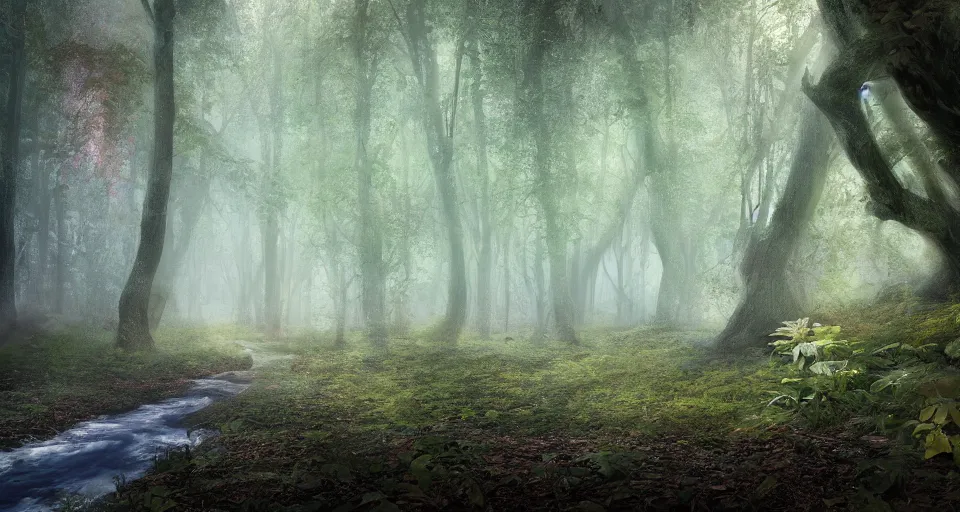 Image similar to a mystical forest, realistic, very detailed, photorealism, 8k, unreal engine 5, photo, colorful, by Alyssa Monks