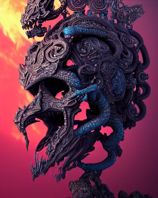 Image similar to 3 d ornate carved dark cosmic warrior with profile portrait, sigma 5 0 0 mm f / 5. beautiful intricate highly detailed quetzalcoatl skull. bioluminescent, plasma, lava, ice, water, wind, creature, thunderstorm! artwork by tooth wu and wlop and beeple and greg rutkowski, 8 k trending on artstation