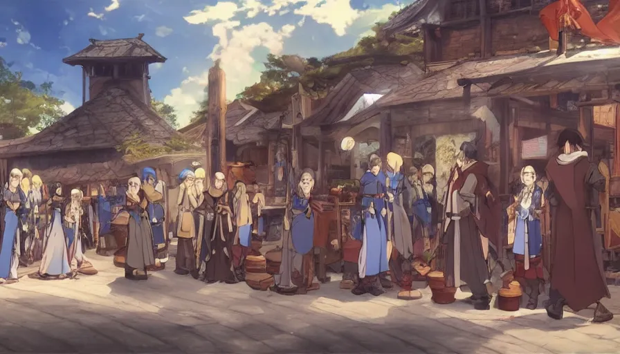 Prompt: “Ais-Wallenstein” at dawn in an medieval isekai market • cinematic anime screenshot by the Studio JC STAFF