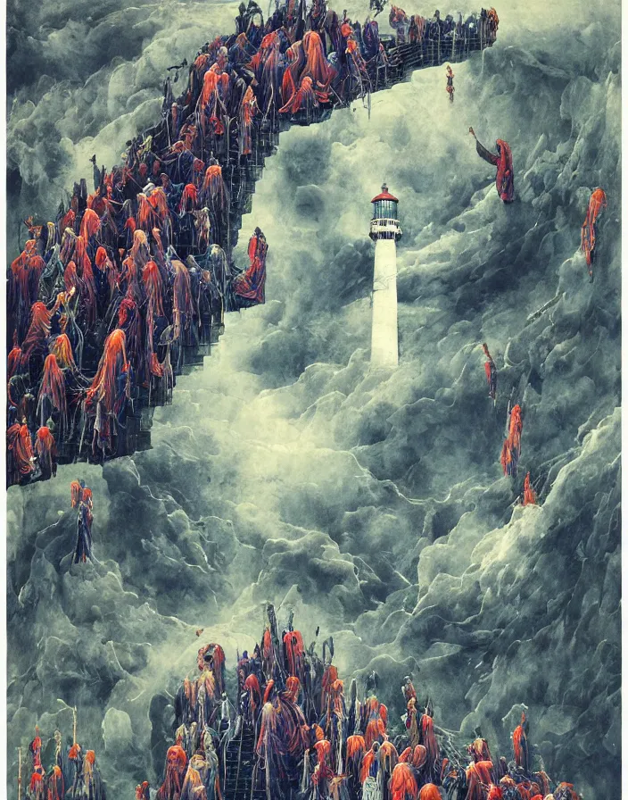 Image similar to worshippers in robes ascend a spiral staircase in a lighthouse, spiral staircase, high detailed beksinski painting, part by adrian ghenie and gerhard richter. art by takato yamamoto. masterpiece, deep colours, blue