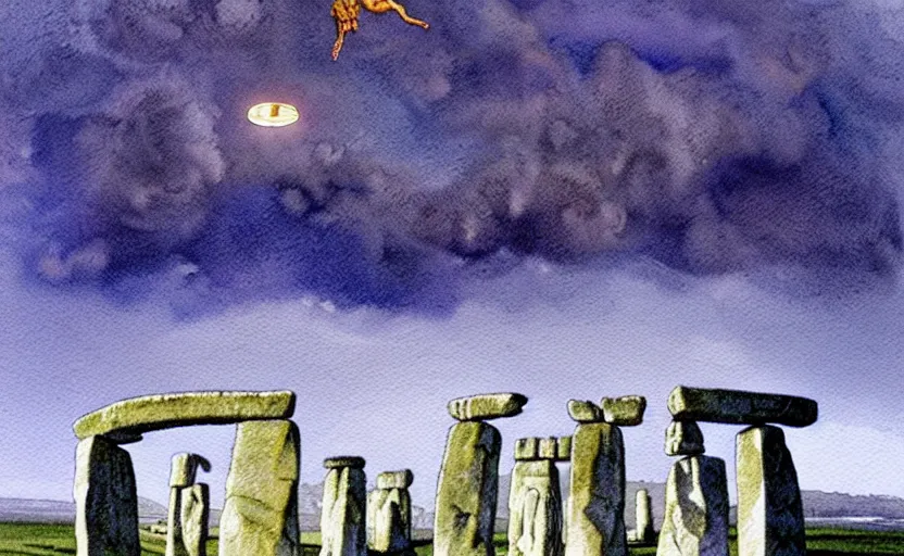 Prompt: a hyperrealist watercolour character concept art portrait of one small grey medieval monk pointing up in the air in front of a floating portal above a complete stonehenge monument on a misty night. a ufo is in the sky. by rebecca guay, michael kaluta, charles vess and jean moebius giraud