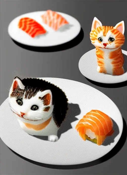 Prompt: clear photorealistic picture of adorable cats made from sushi rice, sitting on sushi plates with garnish