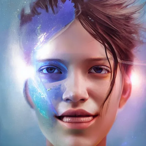 Prompt: 3 d, sci - fi, morning, smiling fashion model face, sun, cinematic, clouds, sun rays, vogue cover style, poster art, blue mood, realistic painting, intricate oil painting, high detail illustration, figurative art, multiple exposure, poster art, by tooth wu and wlop and beeple and greg rutkowski