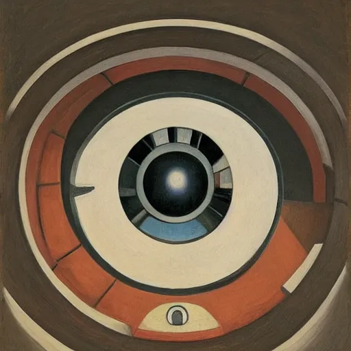 Image similar to giant mechanical eye being lowered through the roof of a dome - shaped control center, grant wood, pj crook, edward hopper, oil on canvas