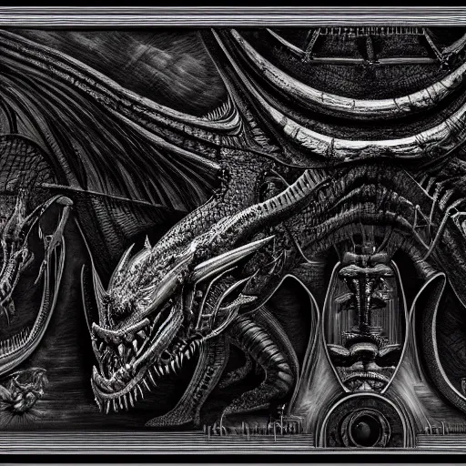 Image similar to cross section anatomy of a black scaled dragon 3D, 8k resolution by H R Giger