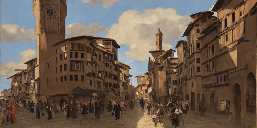 Prompt: florence old street in 1 6 th century with a tower in background, by hiroshi yoshida, trending on artstation