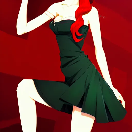 Image similar to elegent girl with red hair and green eyes, wearing a white dress, red and black color palette, in the style of and ilya kuvshinov and greg rutkowski, high quality anime artstyle, intricate