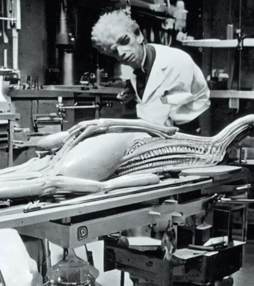 Image similar to Alien lying on an operation table in a lab, photograph from 1890, grainy, high detail, high resolution, by David Cronenberg