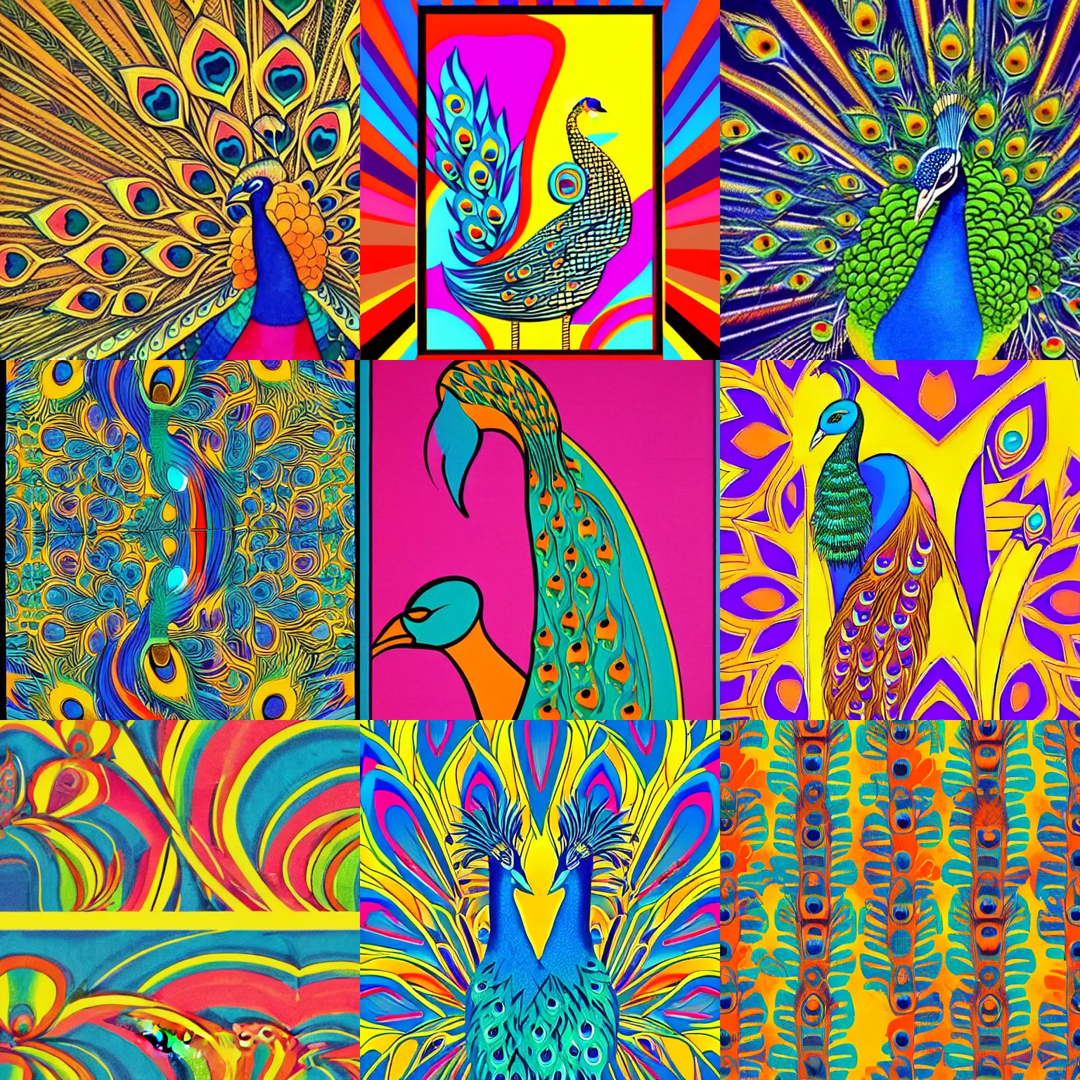 Prompt: peacock in the desert, 7 0 s art deco, groovy, colorful design, warm colors, funky, abstract, psychedelic