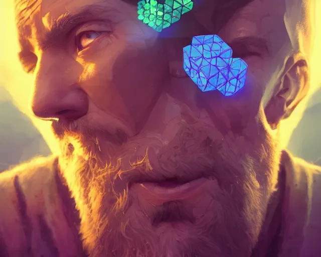 Image similar to portrait of wizard with ion stone cubes orbiting head, intricate abstract. intricate artwork, by tooth wu, wlop, beeple, dan mumford. concept art, octane render, trending on artstation, greg rutkowski very coherent symmetrical artwork. cinematic, key art, hyper realism, high detail, octane render, 8 k, iridescent accents