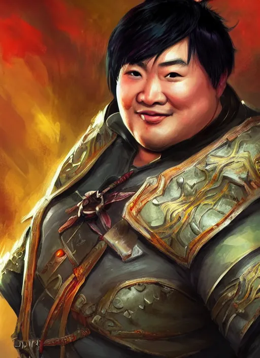 Image similar to slightly chubby asian man with medium black parted hair, dndbeyond, bright, colourful, realistic, dnd character portrait, full body, pathfinder, pinterest, art by ralph horsley, dnd, rpg, lotr game design fanart by concept art, behance hd, artstation, deviantart, hdr render in unreal engine 5