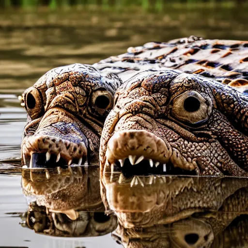 Prompt: man's face with clocks as eyes, looking at the camera walking near lake with crocodiles, high detail, soft lighting, intricate, 8 k