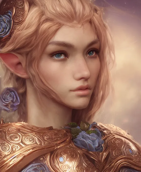 Prompt: a beautiful and highly detailed digital portrait of a dignified elf with long blue windswept hair in a rose gold breastplate by artgerm and lu ji, centered, artsation contest winner, cgsociety, fantasy art, cryengine, concept art, photorealism, daz 3 d, sketchfab, zbrush, vray