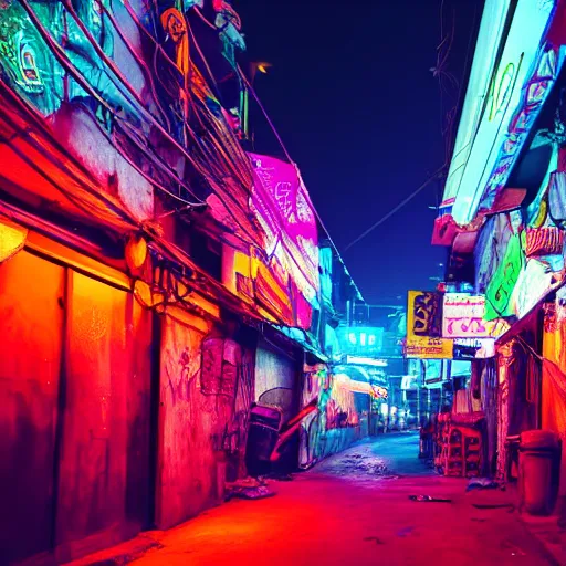 Image similar to neon streets of bangalore, 4 k, award winning photo, cyberpunk style, intricate environment, hyper realistic