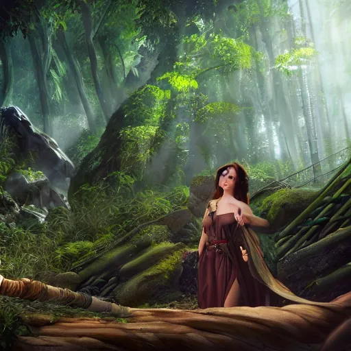Image similar to A beautiful elvish giantess staring at a dwarf ,detailed body and eyes,proper anatomy, bamboo forest in the background, beautiful lighting,,digital art , highly detailed , high contrast, beautiful lighting, award winning , trending on art station, 8k, photo realistic,unreal engine 5